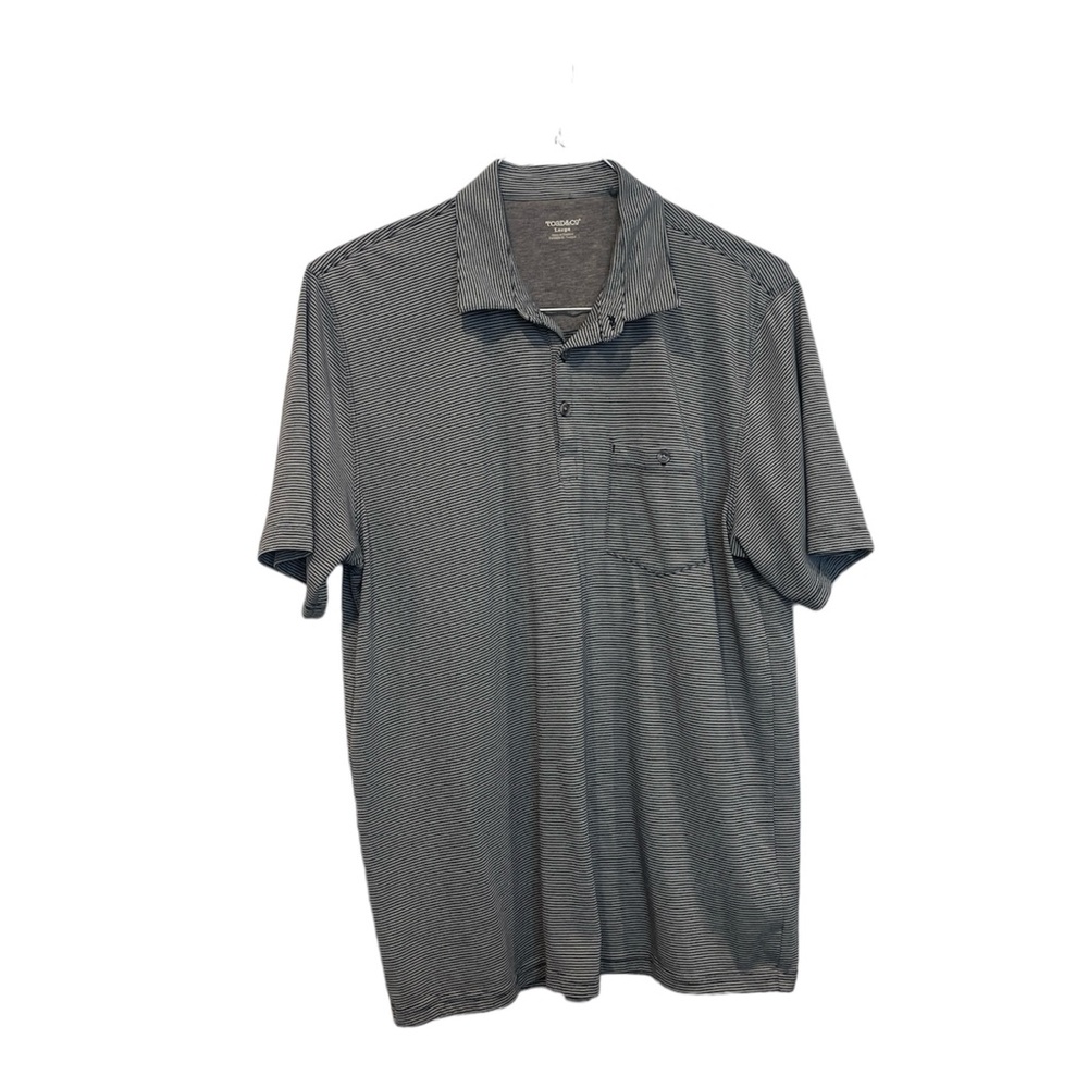 Toad&Co Men’s Polo Shirt Size Large Black White Striped Polyester Organic Cotton